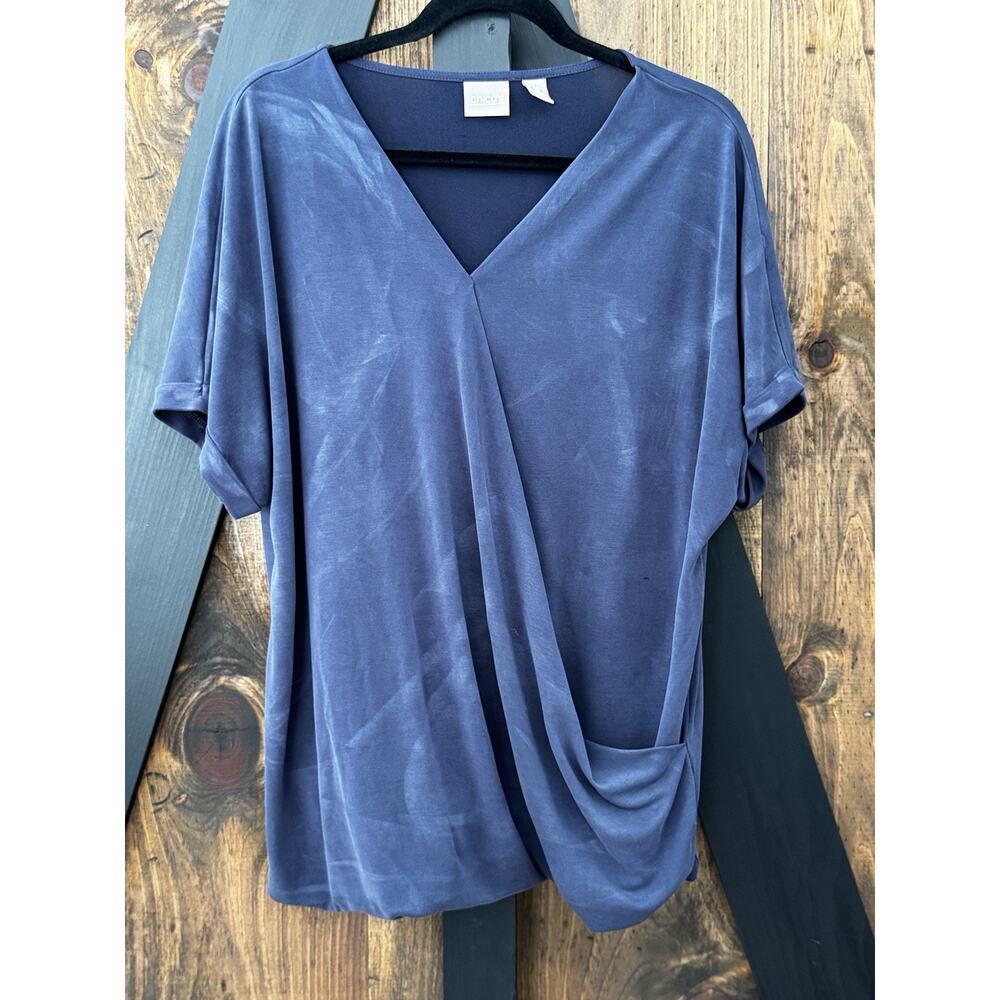 Chicos Mock Wrap Blouse Sueded Polyester Material Charcoal Blue Size 3 = XL 16